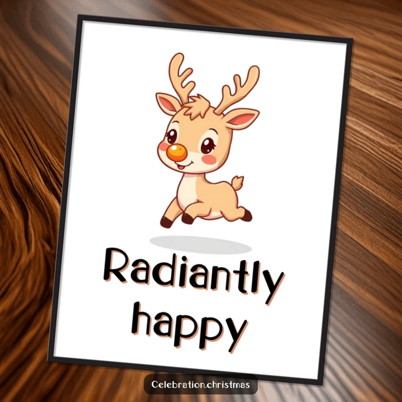 Funny digital art print of a reindeer with a glowing nose, prancing happily, bringing instant holiday magic.