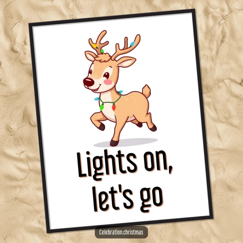 Funny reindeer digital art print featuring a smiling, prancing character with lights, perfect for instant festive decor.
