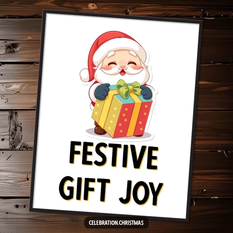 Funny digital art print of a cute Santa Claus character joyfully unwrapping a brightly colored, festive gift.