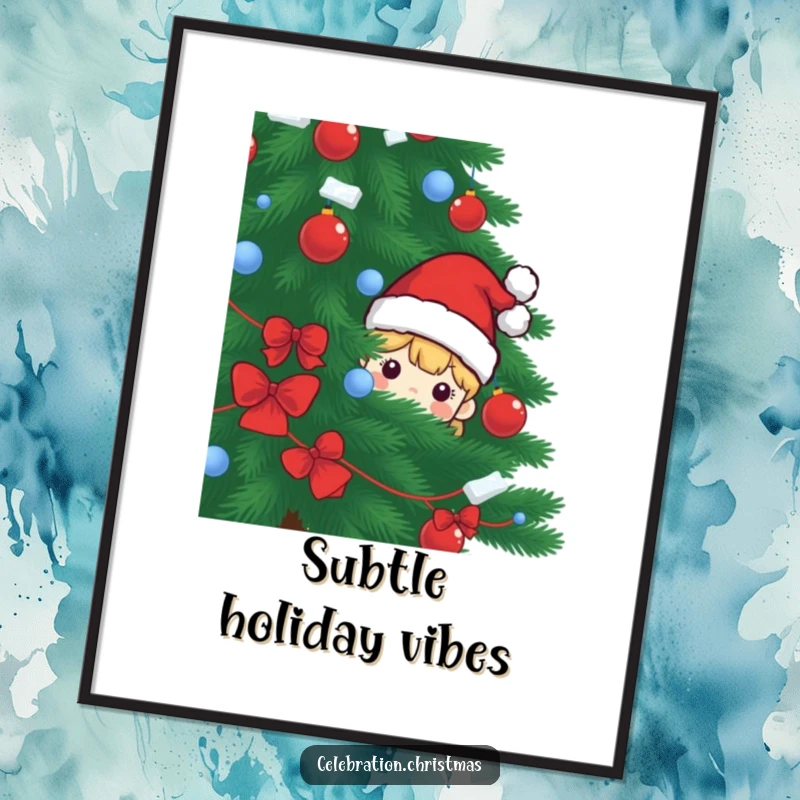 Funny digital art print of a Santa hat character peeking from behind a Christmas tree, ready for instant holiday display.