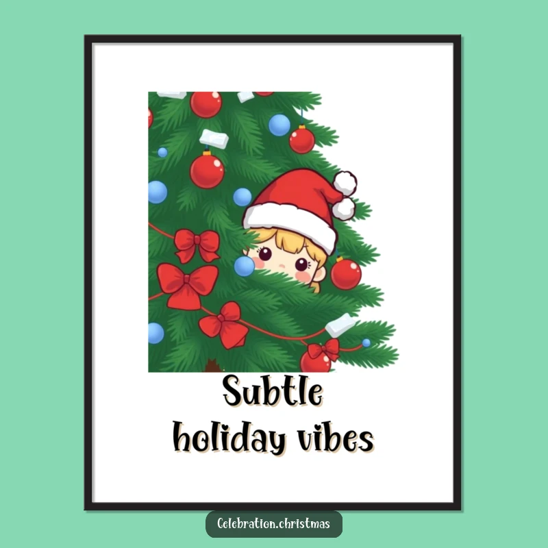 Funny Santa Hat Peeking Digital Art: Holiday Character Print, Gift