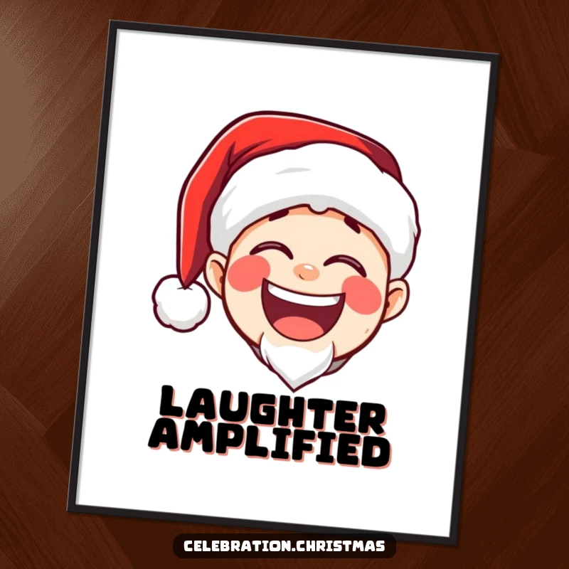 Funny digital art print of a Santa hat character with a massive, joyful, booming laugh, ideal for instant holiday wall decor.