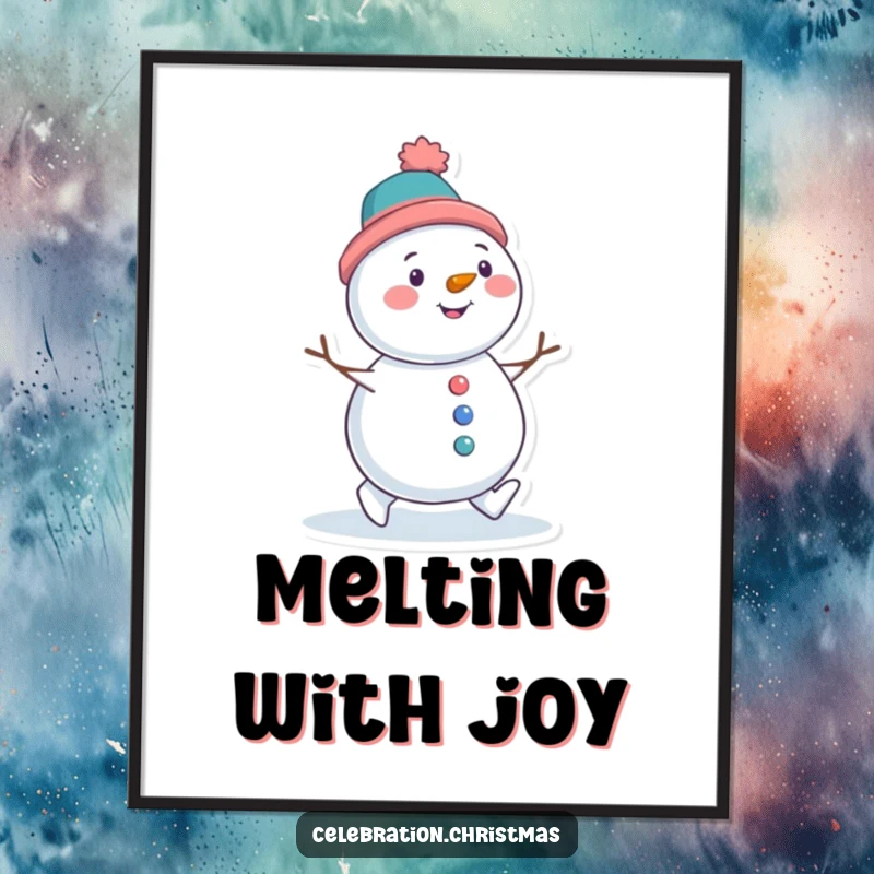 Funny digital art print of a snowman character with a tilted hat, waddling with delight, embodying winter joy.