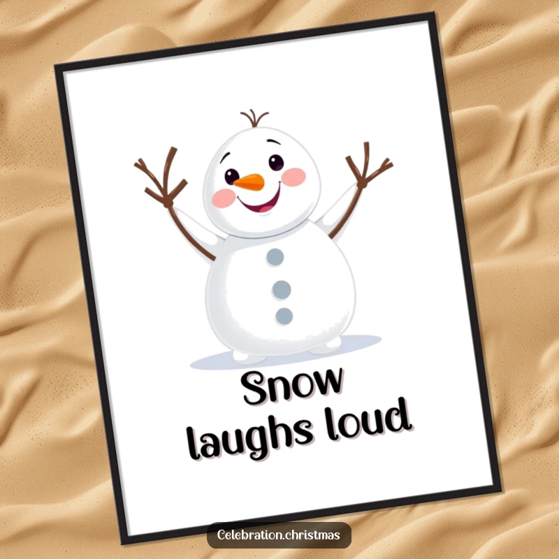 Funny snowman digital art print featuring a cheerful character waving, perfect for immediate wall decor and spreading smiles.