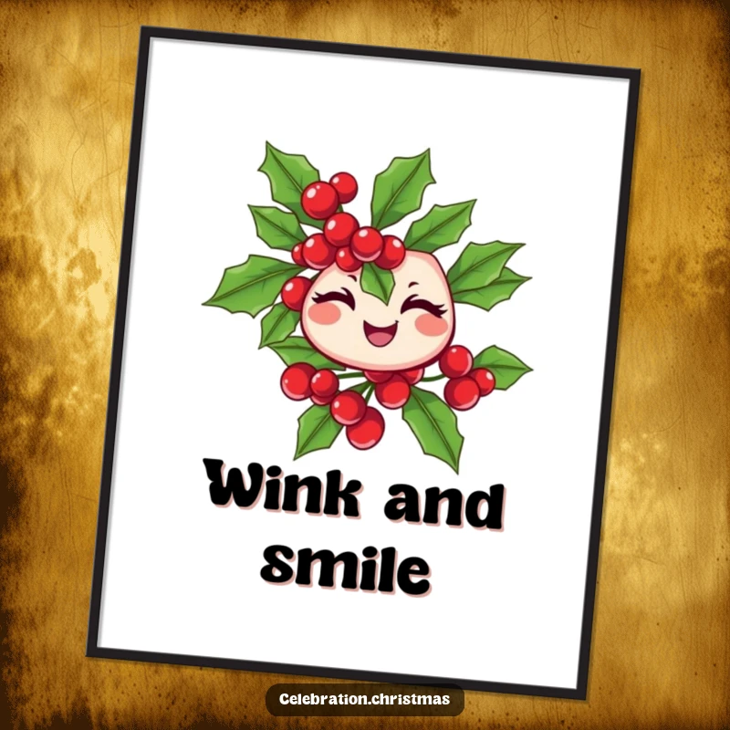 Funny winking holly branch digital art print with cheerful berries, ideal for festive wall decor, a funny gift.