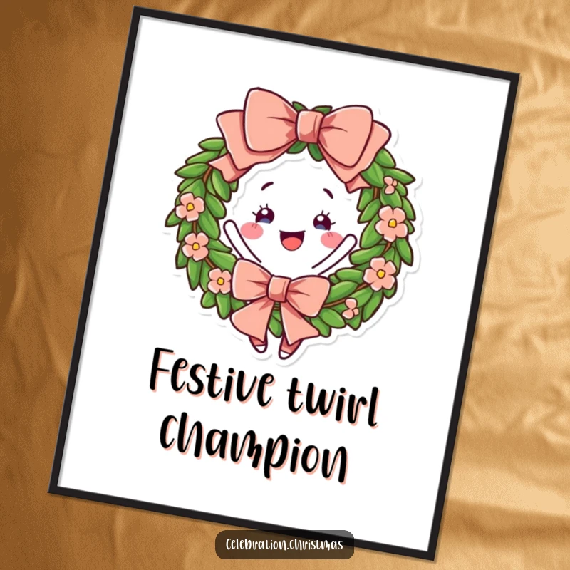 Funny Wreath Digital Art Print showing a cheerful bow and a joyful twirl, perfect for festive and humorous decor.