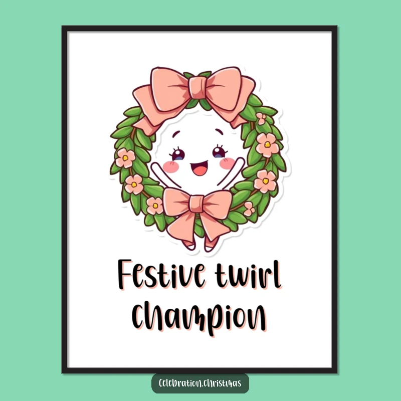 Funny Wreath Twirling Digital Art - Festive Bow Character Printable Decor