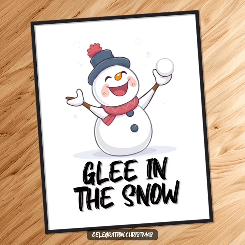 Funny snowman digital art print of a character in a happy snowball fight, a humorous and festive instant download.