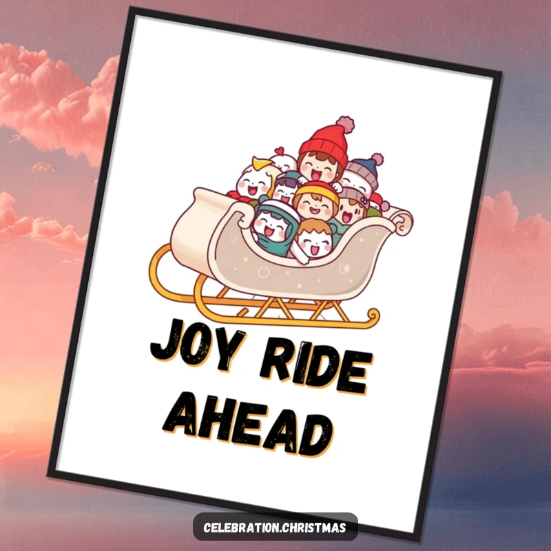 Funny digital art print of a sleigh overloaded with joyfully laughing characters, ready for instant download and festive holiday display.