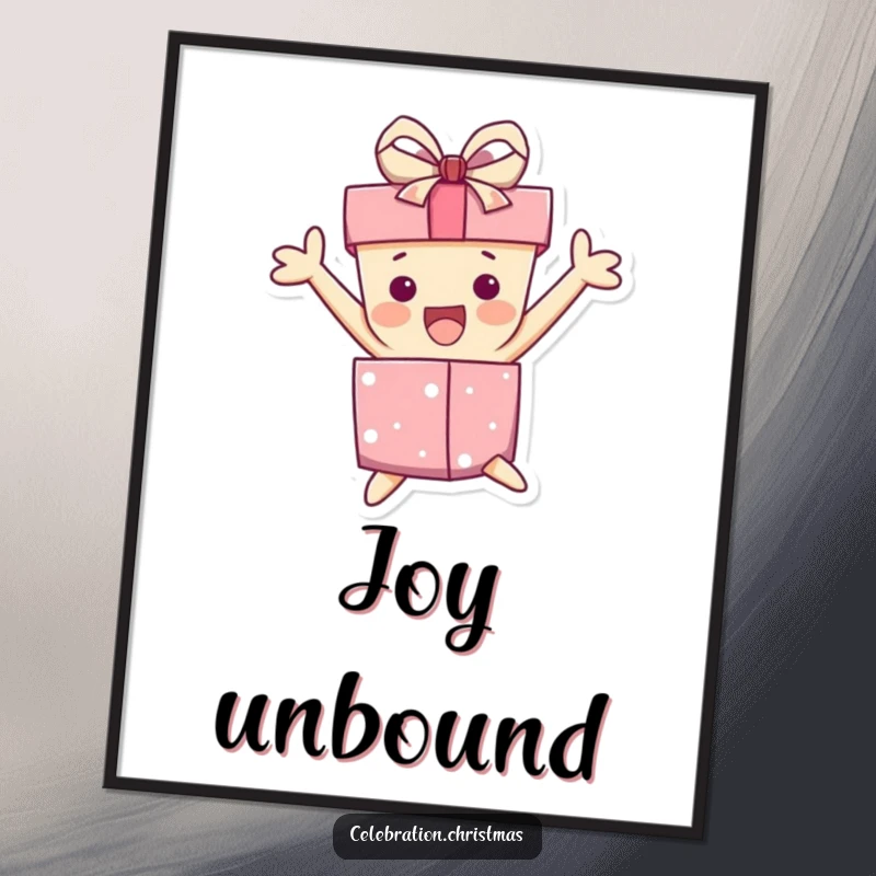 Funny digital art print of a gift box character leaping with pure excitement, its ribbon askew, perfect for adding vibrant decor.