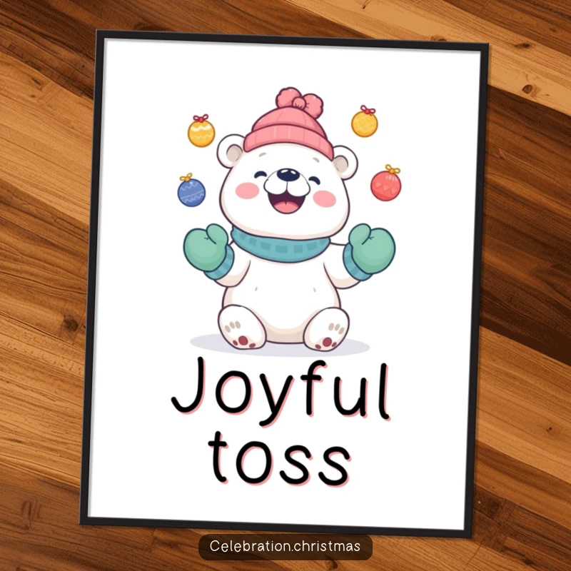 Funny Cute polar bear digital art print of a bear in mittens juggling festive baubles with a grin, instant download.