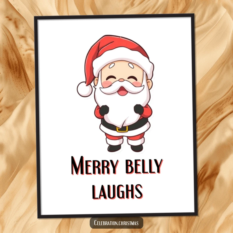 Funny Santa digital art print of Santa Claus laughing heartily, his belly shaking with infectious joy.