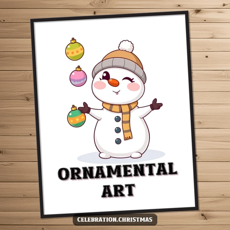 Funny kawaii snowman winking mischievously, juggling colorful Christmas ornaments. Instant digital art print for holiday decoration.