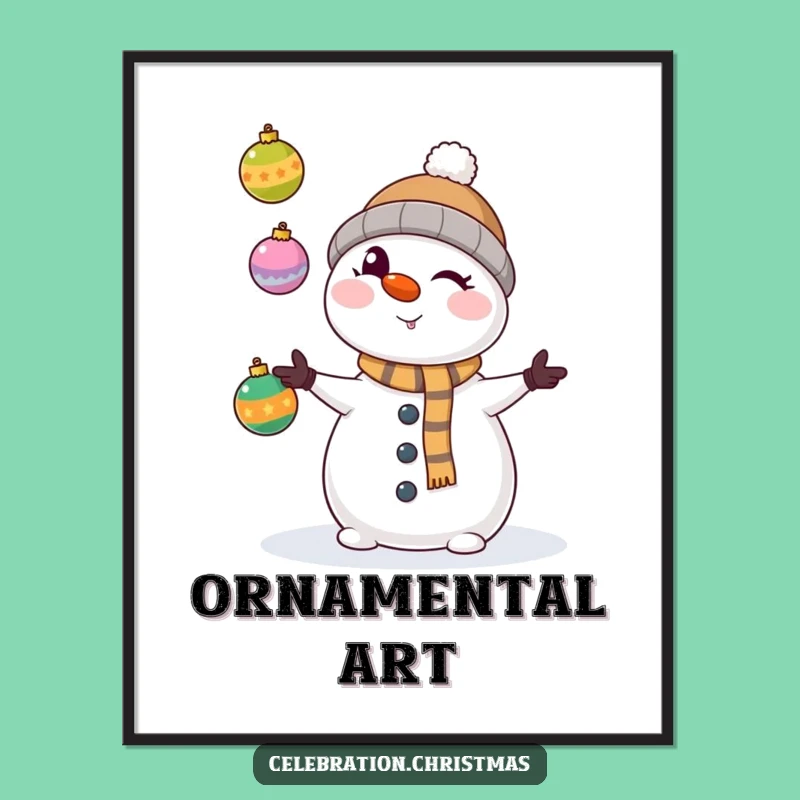 Funny Kawaii Snowman Juggling Ornaments Digital Print - Instant Holiday Cheer