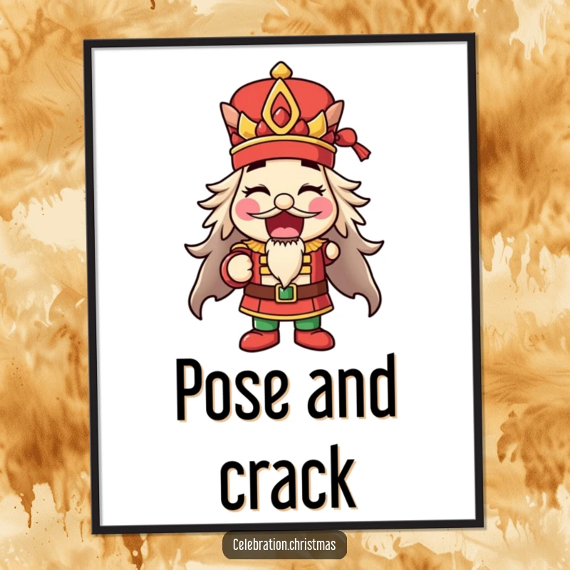Funny happy nutcracker digital art print striking a pose with mouth open, ideal for holiday decor, a funny gift.