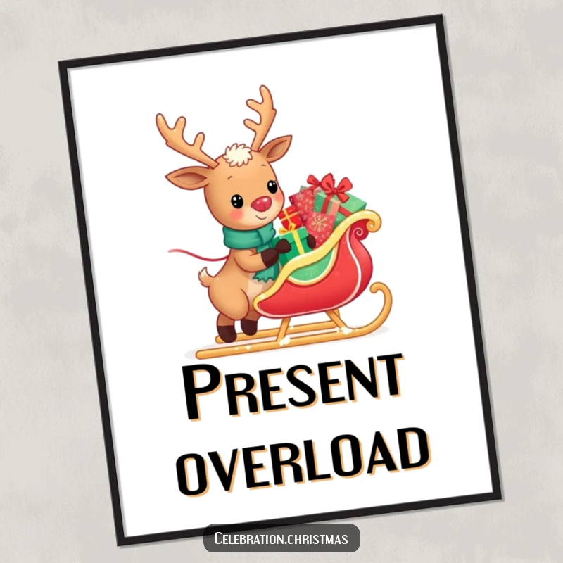 Funny digital art print of a kawaii reindeer happily pulling a sleigh overflowing with glistening presents, embodying the joy of Christmas.