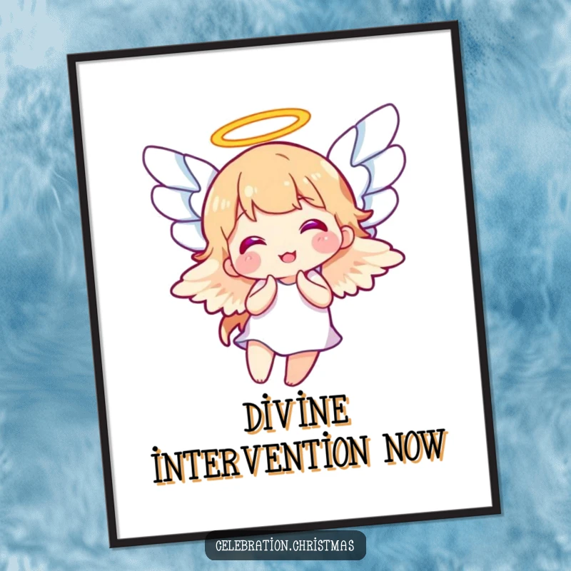 Funny digital art print of an angel character joyfully flapping its wings, capturing celestial happiness for wall decor, funny gift.