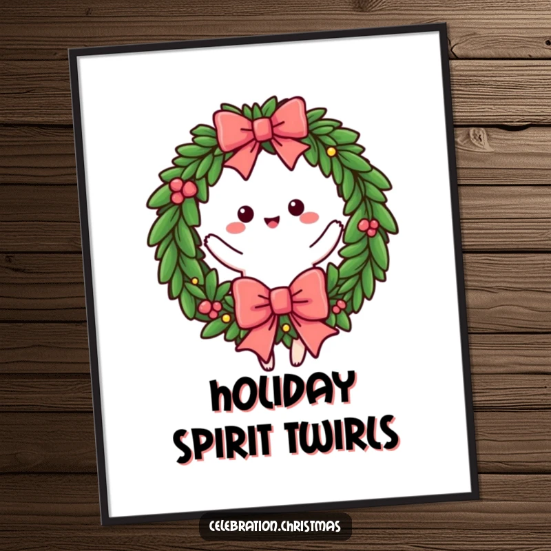 Funny digital art print of a festive wreath character doing a lively twirl with a big bow, symbolizing holiday joy, funny gift.