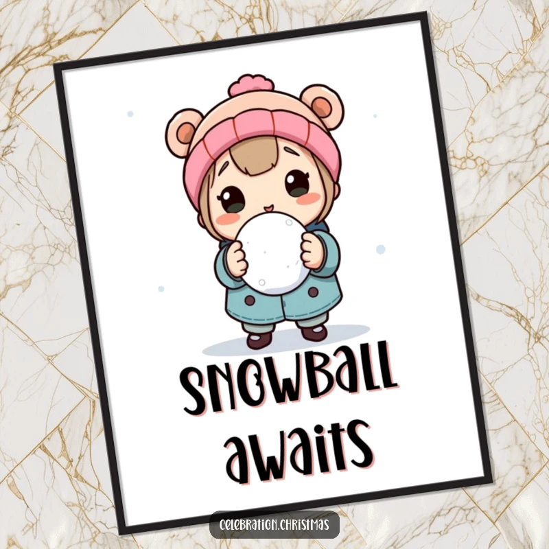 Funny digital art print of a character holding a snowball, poised for a playful throw, ready for instant download and fun winter display.