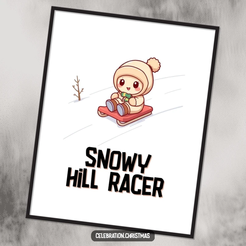 Funny kawaii character sledding down a snowy hill with great glee, a humorous digital art print for instant winter decor.