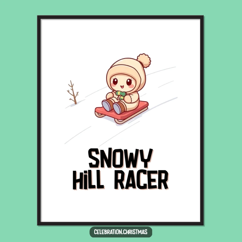 Funny Kawaii Snow Sledding Digital Print: Instant Winter Joy & Decor