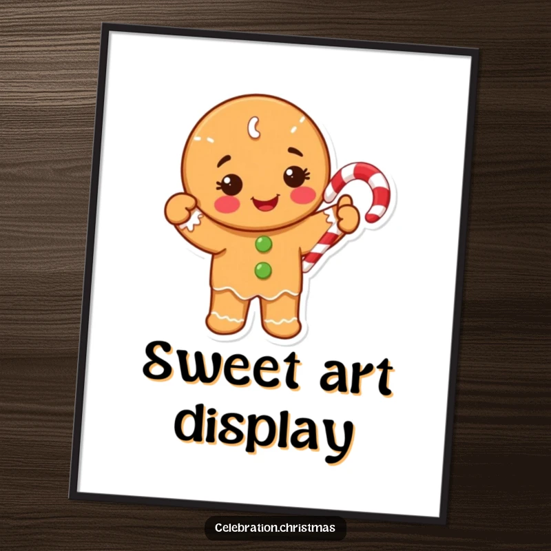 Funny Digital Art Print of a happy gingerbread cookie character waving a candy cane, sweet and festive holiday artwork.