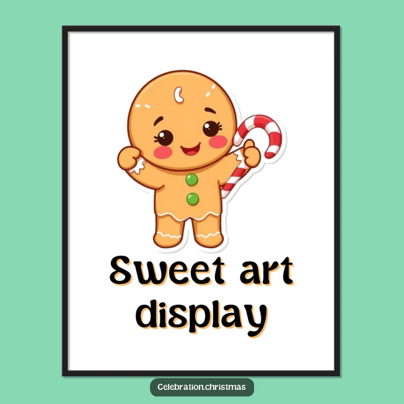 Funny Gingerbread Digital Art: Happy Cookie Waving Candy Cane Festive Decor