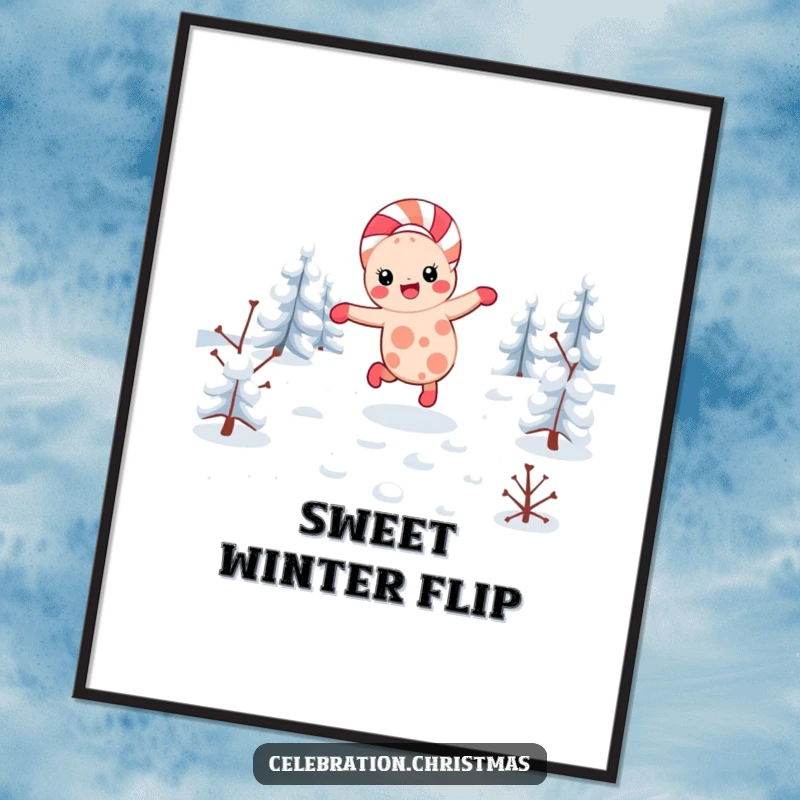Funny kawaii candy cane digital art print showing a character cartwheeling through snow, perfect for festive wall decor.