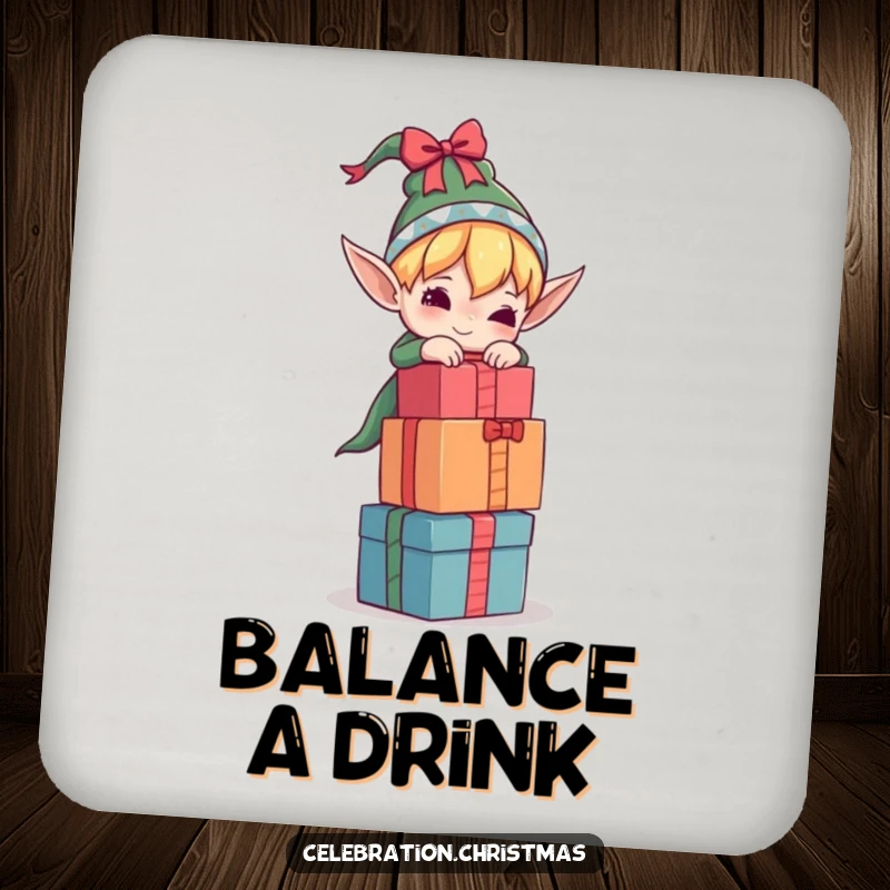 Funny elf coaster showcasing a character struggling to balance a tall stack of gifts, a humorous and functional home accessory.