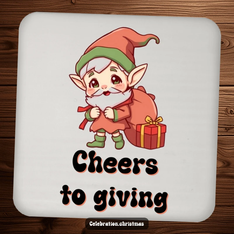 Funny Jolly Elf Coasters: Set of cheerful elves with gift sacks, protecting tables with comical holiday charm.
