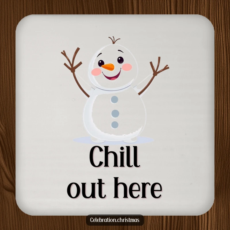 Funny snowman drink coaster with a happy character waving, protecting surfaces while adding cheerful winter vibes.