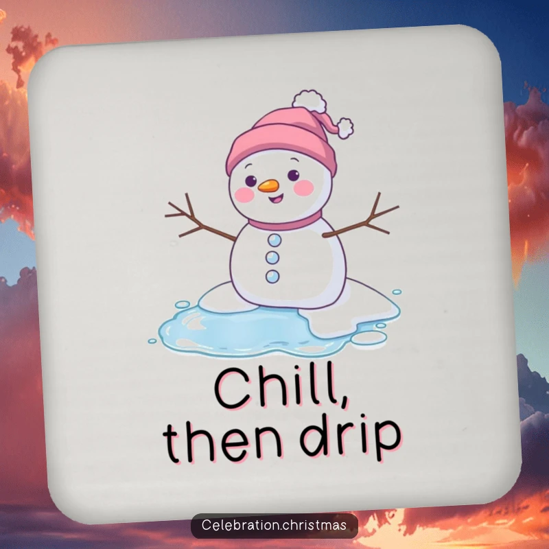 Funny melting snowman drink coasters featuring a character happily melting into a puddle, adding a touch of winter humor to tables.