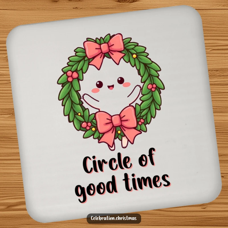 Funny drink coaster featuring a festive wreath character mid-twirl with a cheerful bow, adding holiday charm, funny gift.