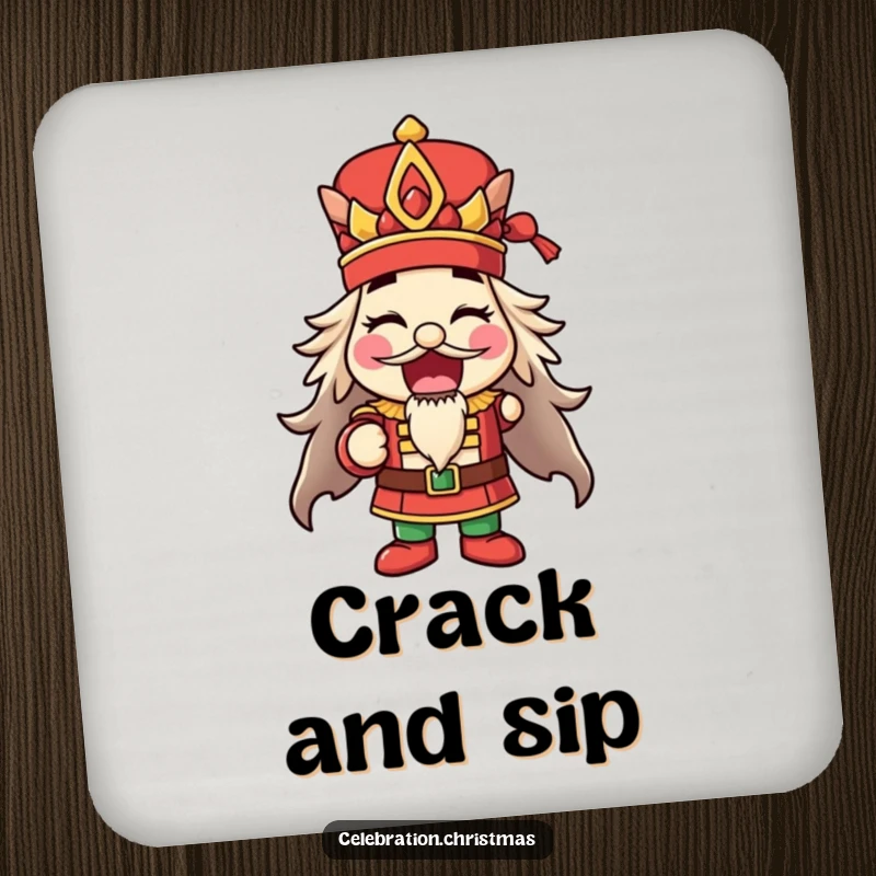 Funny happy nutcracker coasters striking a pose with mouth open, protecting surfaces with holiday cheer, a funny gift.