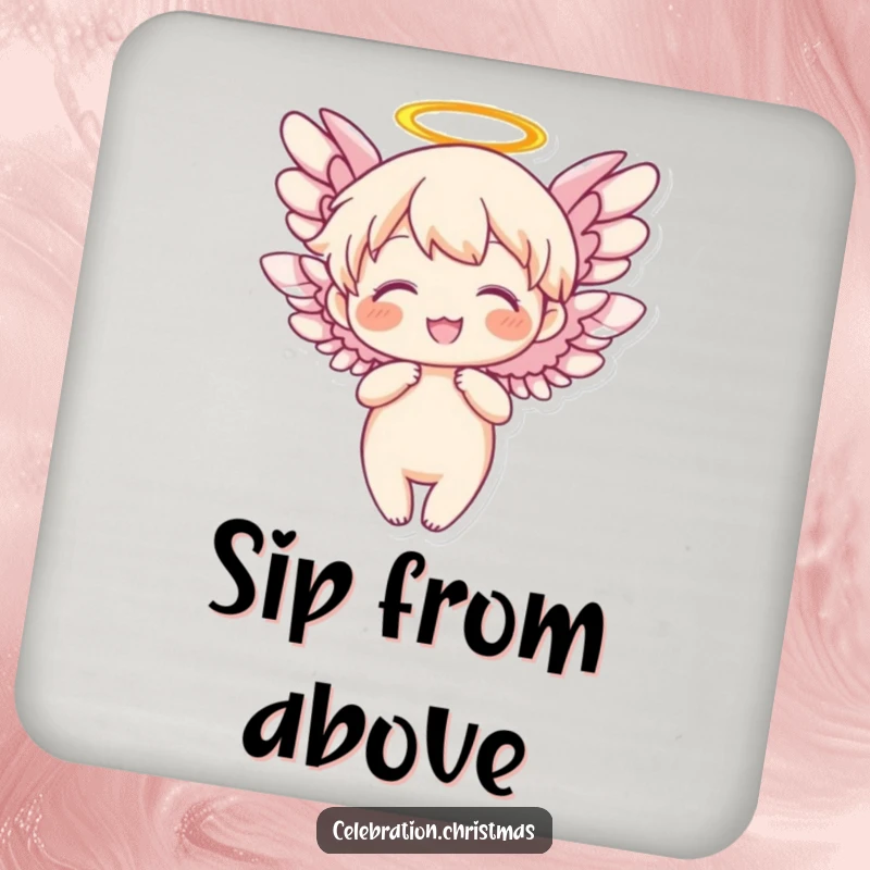 Funny Angel Coaster featuring joyfully flapping wings, protecting surfaces with heavenly charm and humor.