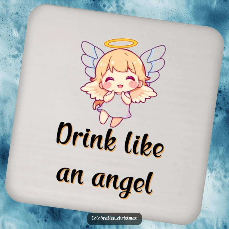 Funny drink coaster featuring a happy angel with wings flapping joyfully, adding a touch of divine humor to drink service, funny gift.