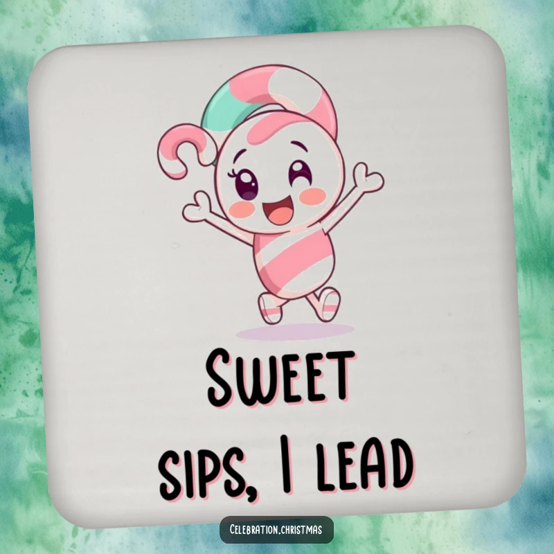 Funny Candy Cane Coaster: A sweet candy cane character excitedly leading the way, protecting your surfaces.
