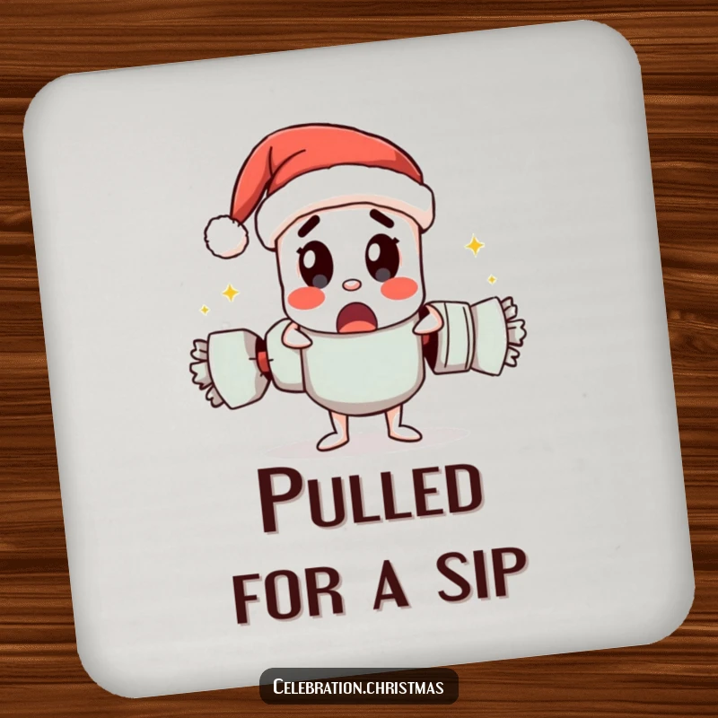 Funny drink coasters featuring a Christmas cracker character pulling itself apart with a surprised expression, adding festive humor.