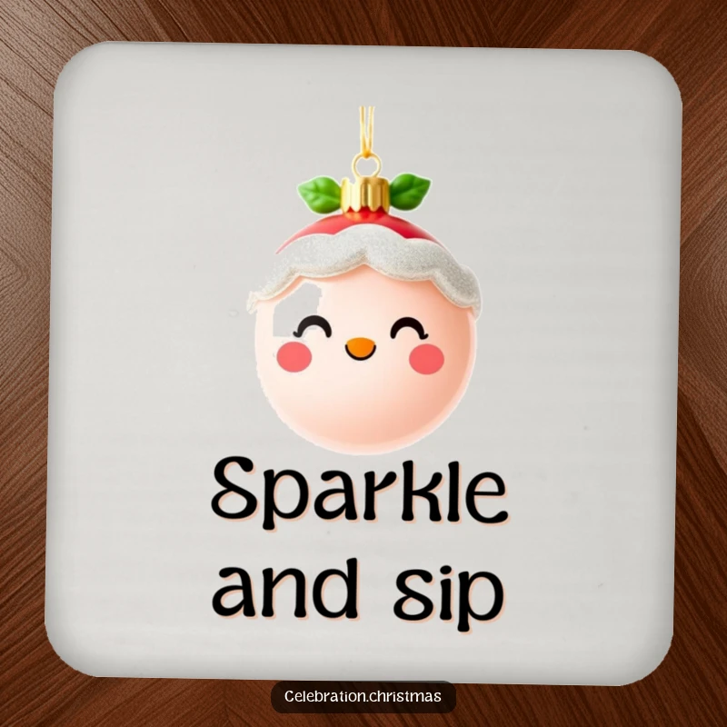 Funny cute Christmas ornament coasters with a cheerful, sparkling face, protecting surfaces with holiday cheer, a great funny gift.