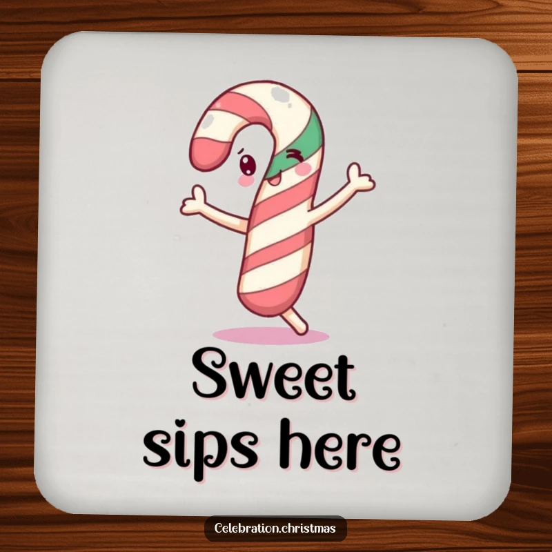 Funny cheerful candy cane coasters doing a little dance, protecting surfaces with holiday cheer, a funny gift.
