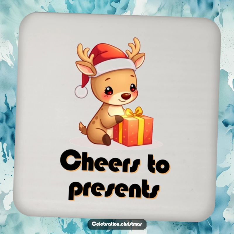 Funny drink coaster featuring a cute deer in a Santa hat happily unwrapping a glowing gift, adding festive charm to surfaces.