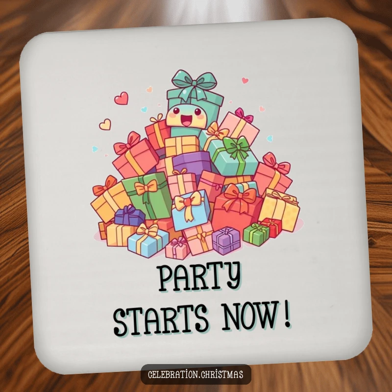Funny Drink Coaster: Comically bouncing pile of presents, a vibrant and humorous addition to protect surfaces during gatherings.
