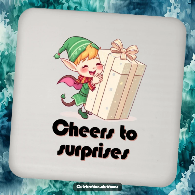 Funny coaster with a cute elf joyfully wrapping a giant, glittery present, adding festive charm to tabletops.