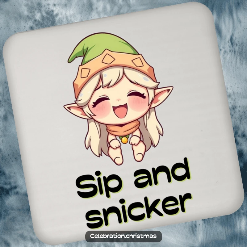 Funny drink coaster featuring a character in an elf hat, caught in a moment of uncontrollable giggles, protecting surfaces with humor.