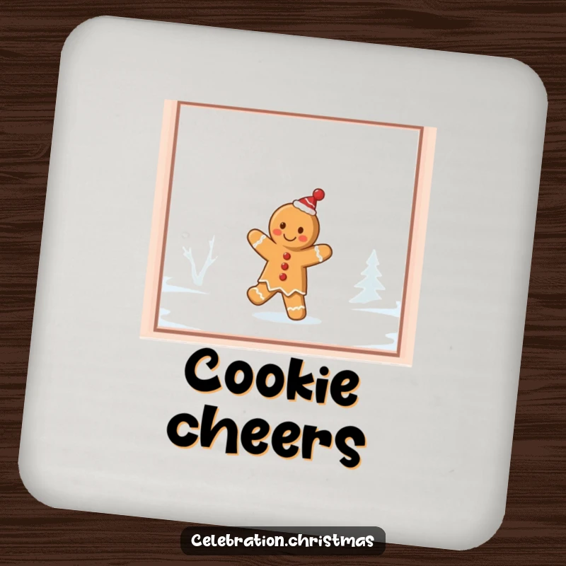 Funny gingerbread cookie drink coasters, illustrating a cookie doing a jig on a frosty windowpane, protecting surfaces with cheer.