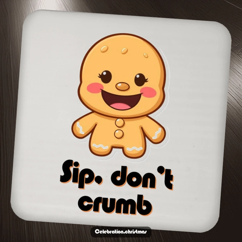 Funny Gingerbread Man Coaster with a wide, delightful cookie grin, protecting furniture with humor.