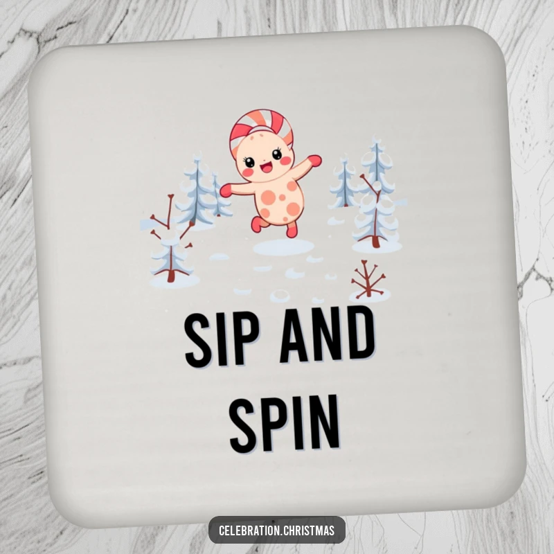 Funny kawaii candy cane coasters featuring a character cartwheeling, perfect for protecting surfaces with a festive design.