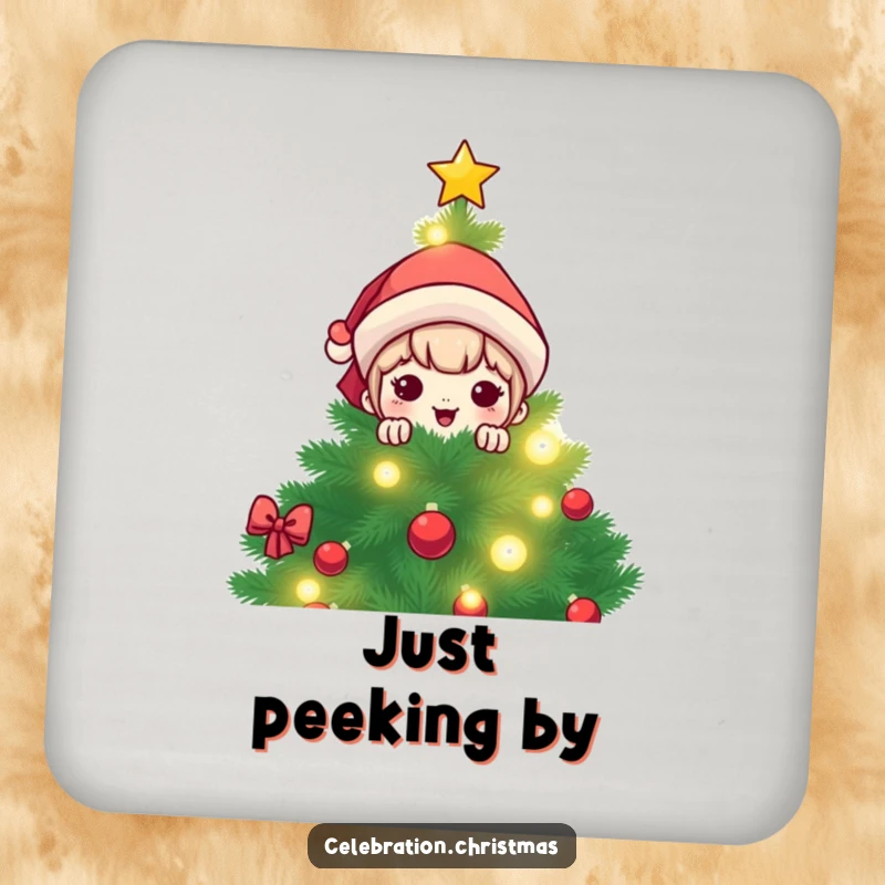 Funny kawaii character peeking from behind a lit Christmas tree, featured on a set of humorous drink coasters.