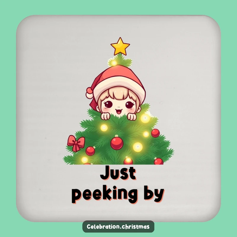 Funny Kawaii Christmas Tree Peek Coaster Set: Protect Surfaces with Holiday Humor