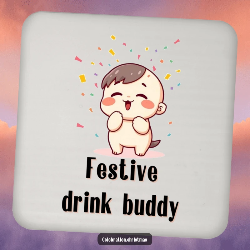 Funny kawaii character blowing colorful confetti with gusto, featured on a set of humorous drink coasters.